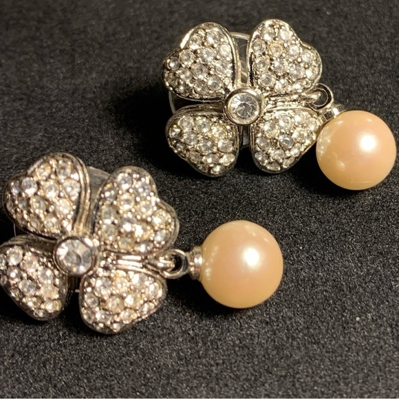 Diamond Encrusted Four Leaf Clover Earrings Set in Silver w/ Pearl Drop Pierced - Picture 9 of 9